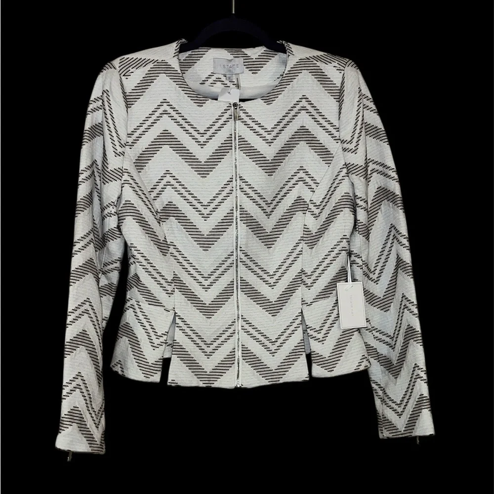 NWT 1. State blazer chevron print zip front peplum medium neutrals career wear